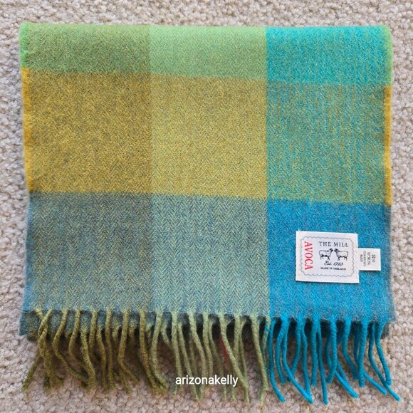 NWOT Avoca Wool Plaid Herringbone Blue Green Woven Scarf - Picture 4 of 14